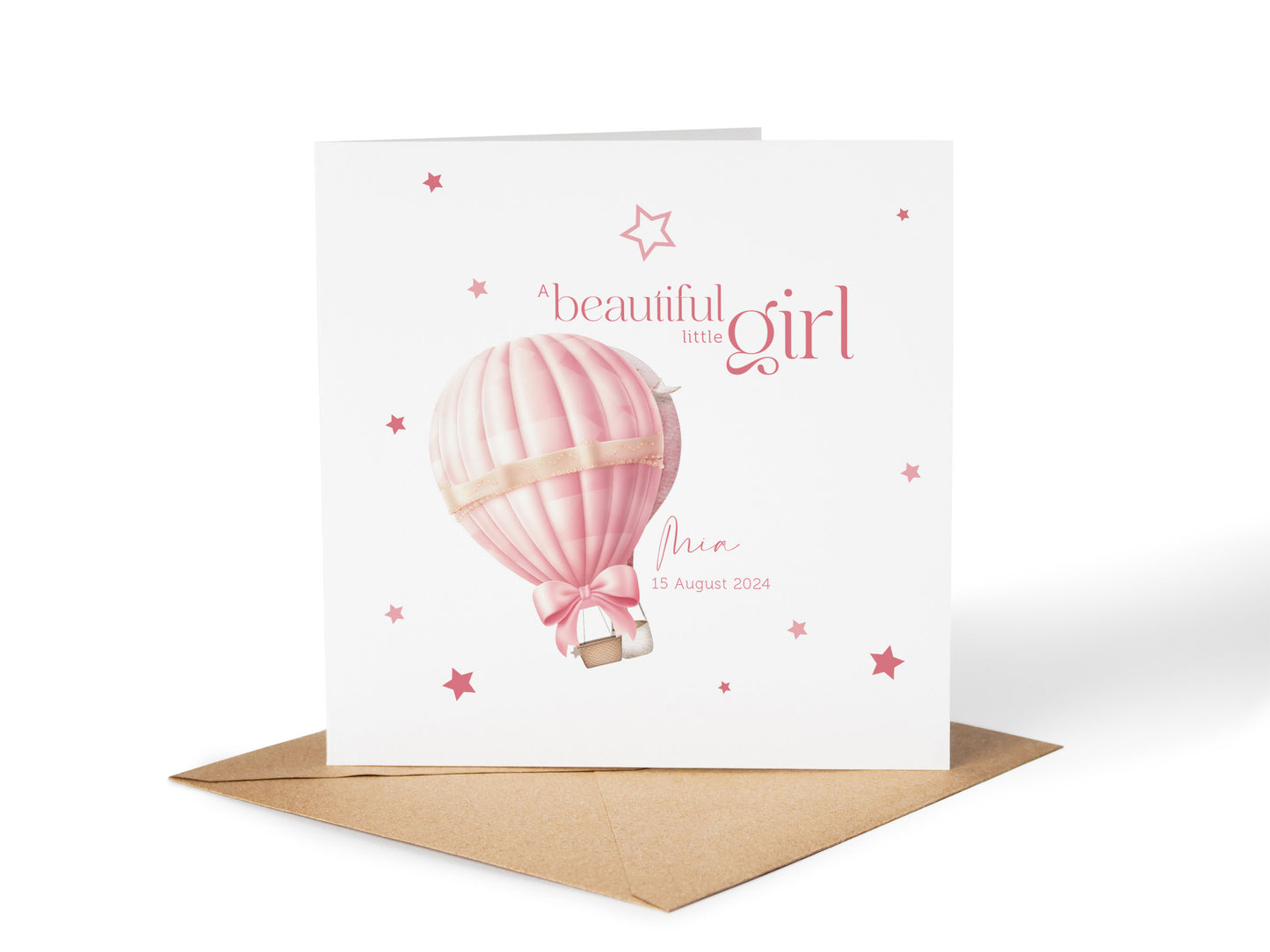 Personalised New Baby Card Pink Balloon and Stars