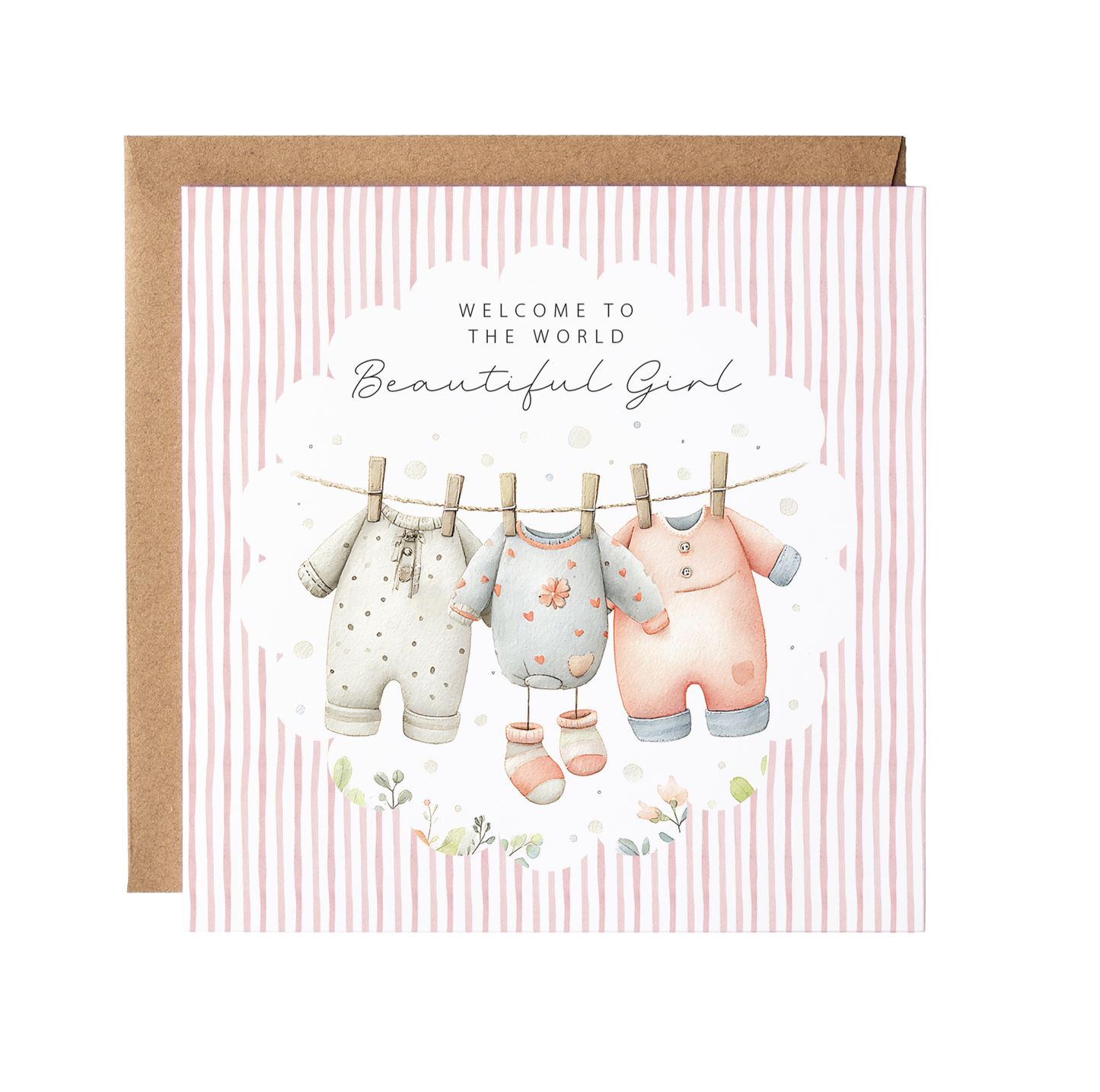 New Baby Girl Card: Washing Line Design, Keepsake, Welcome Baby