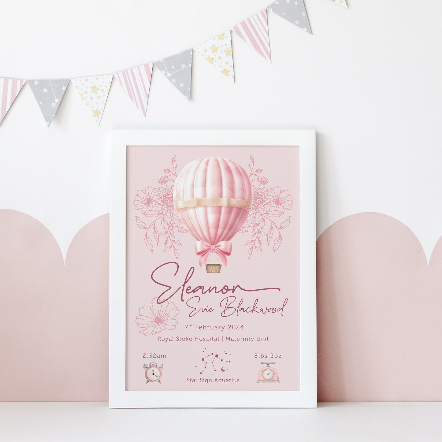 Personalised Pink Balloon Nursery Print