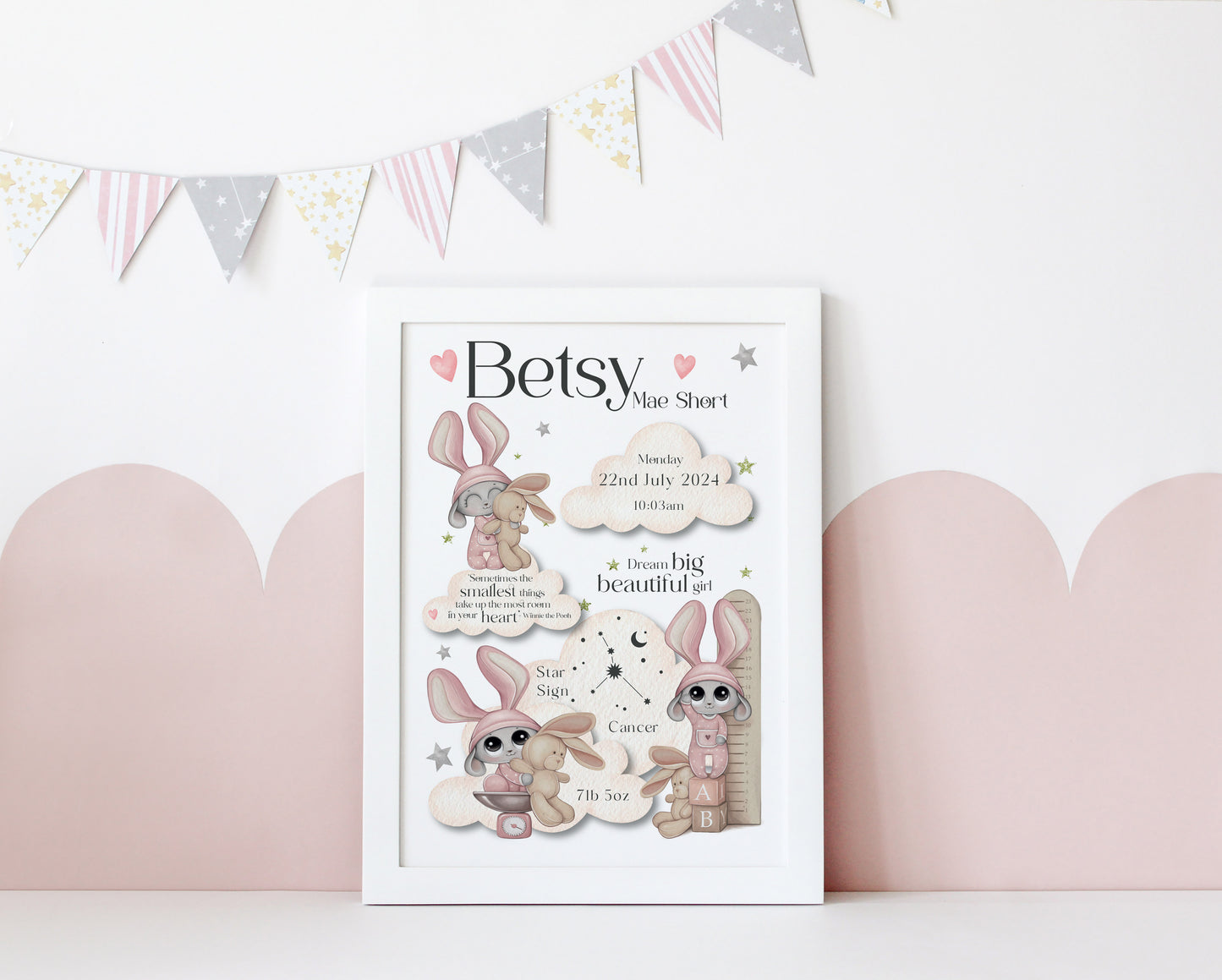 Personalised Pink Bunny Nursery Print