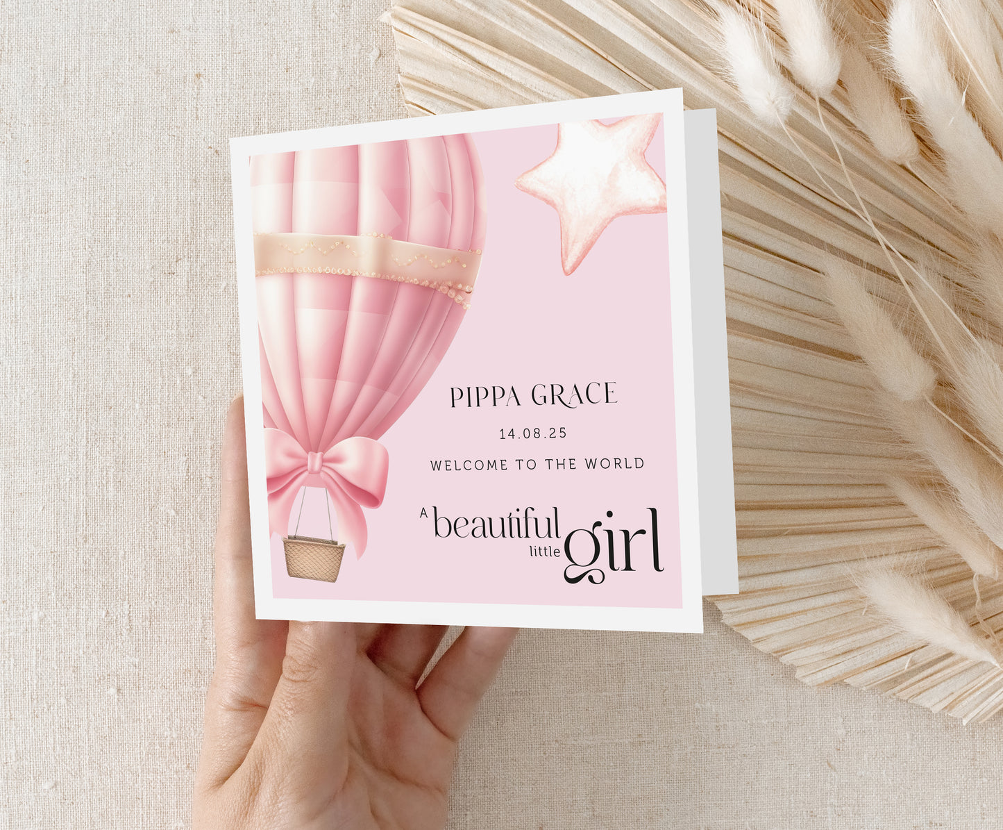 Personalised New Baby Card Pink Balloon and Stars