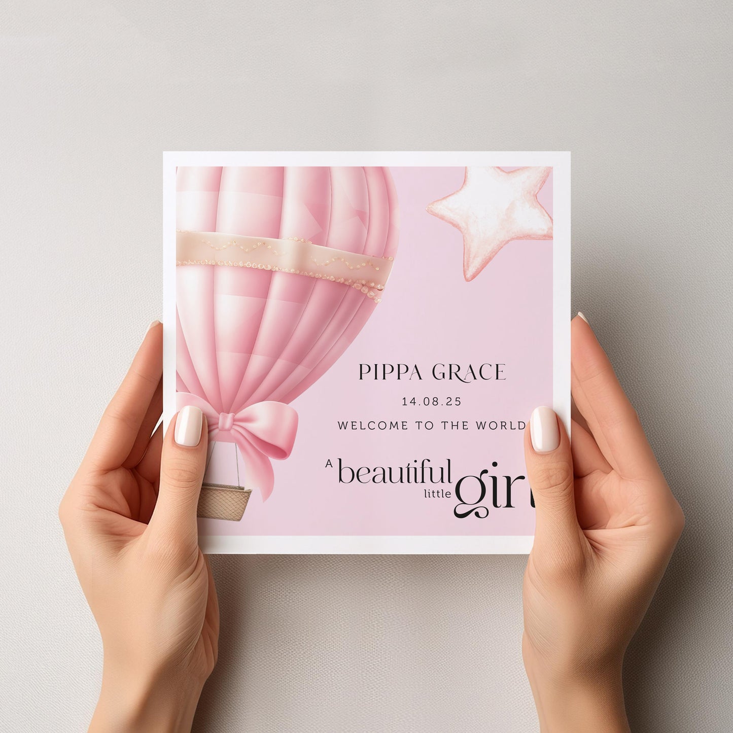 Personalised New Baby Card Pink Balloon and Stars