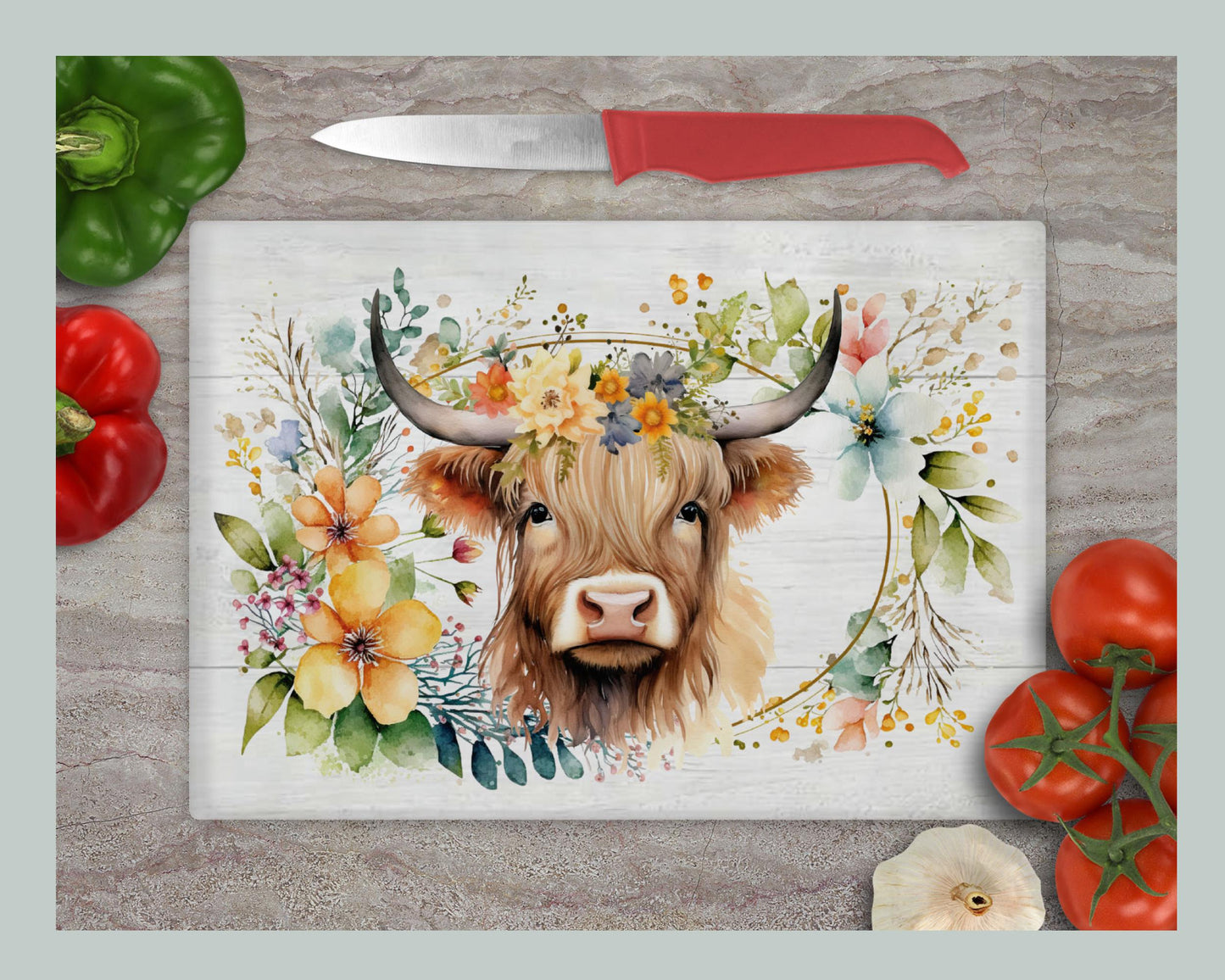 Floral Highland Cow Glass Chopping Board