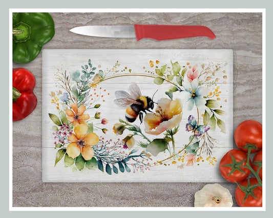 Floral Bumble Bee Glass Chopping Board