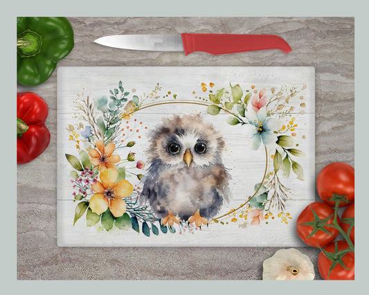 Floral Owl Glass Chopping Board