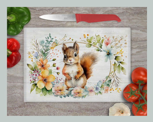 Floral Squirrel Glass Chopping Board