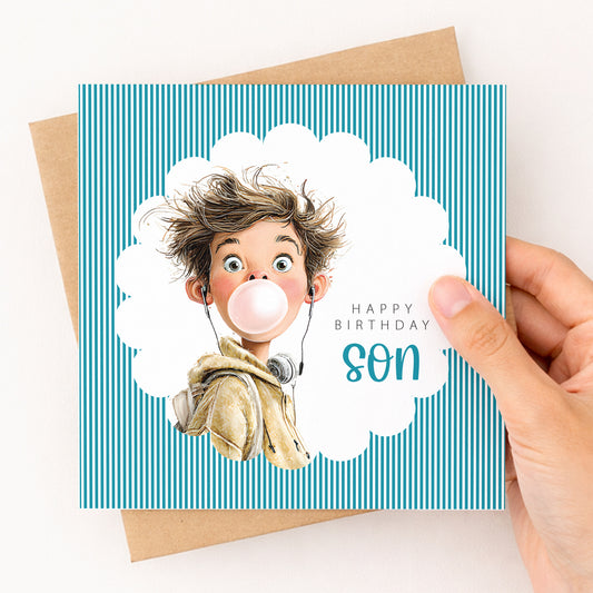 Quirky Son Birthday Card - Bubblegum Boy Design