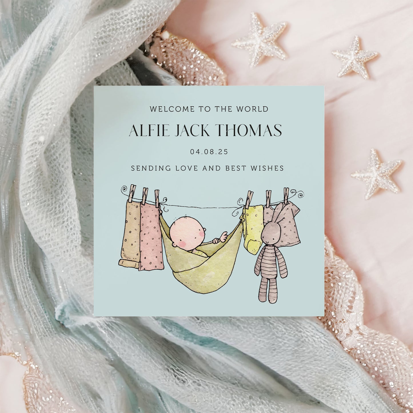 Personalised New Baby Boy Card: Washing Line, Baby Clothes