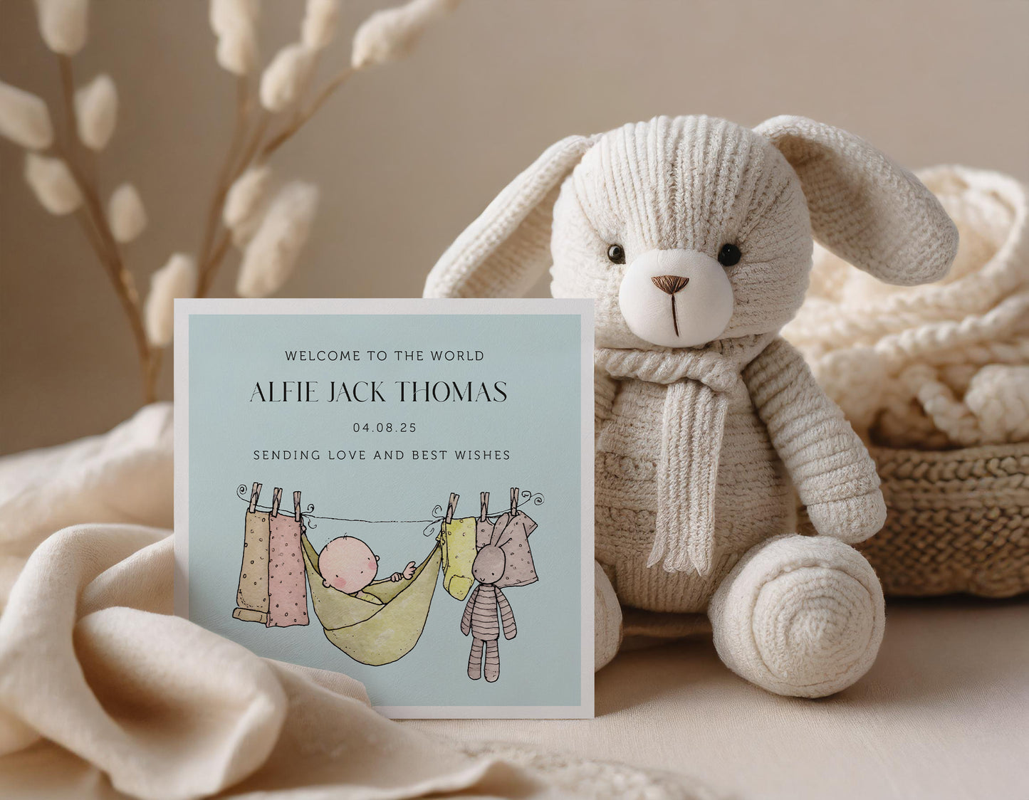 Personalised New Baby Boy Card: Washing Line, Baby Clothes