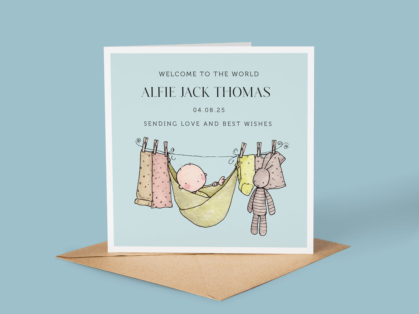 Personalised New Baby Boy Card: Washing Line, Baby Clothes