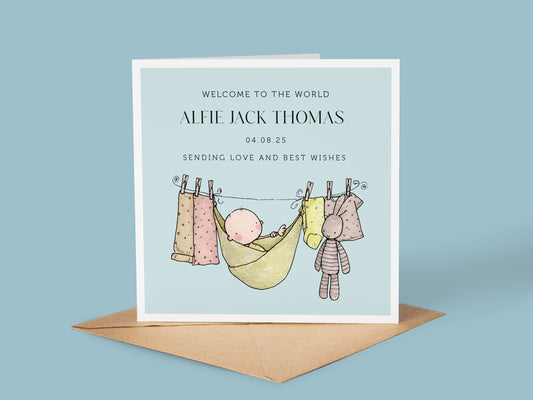 Personalised New Baby Boy Card: Washing Line, Baby Clothes