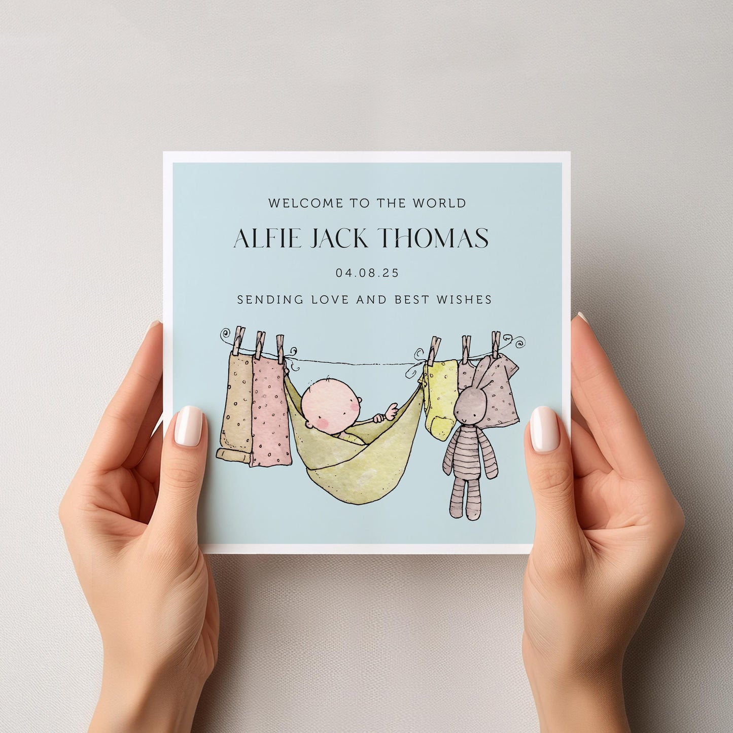 Personalised New Baby Boy Card: Washing Line, Baby Clothes