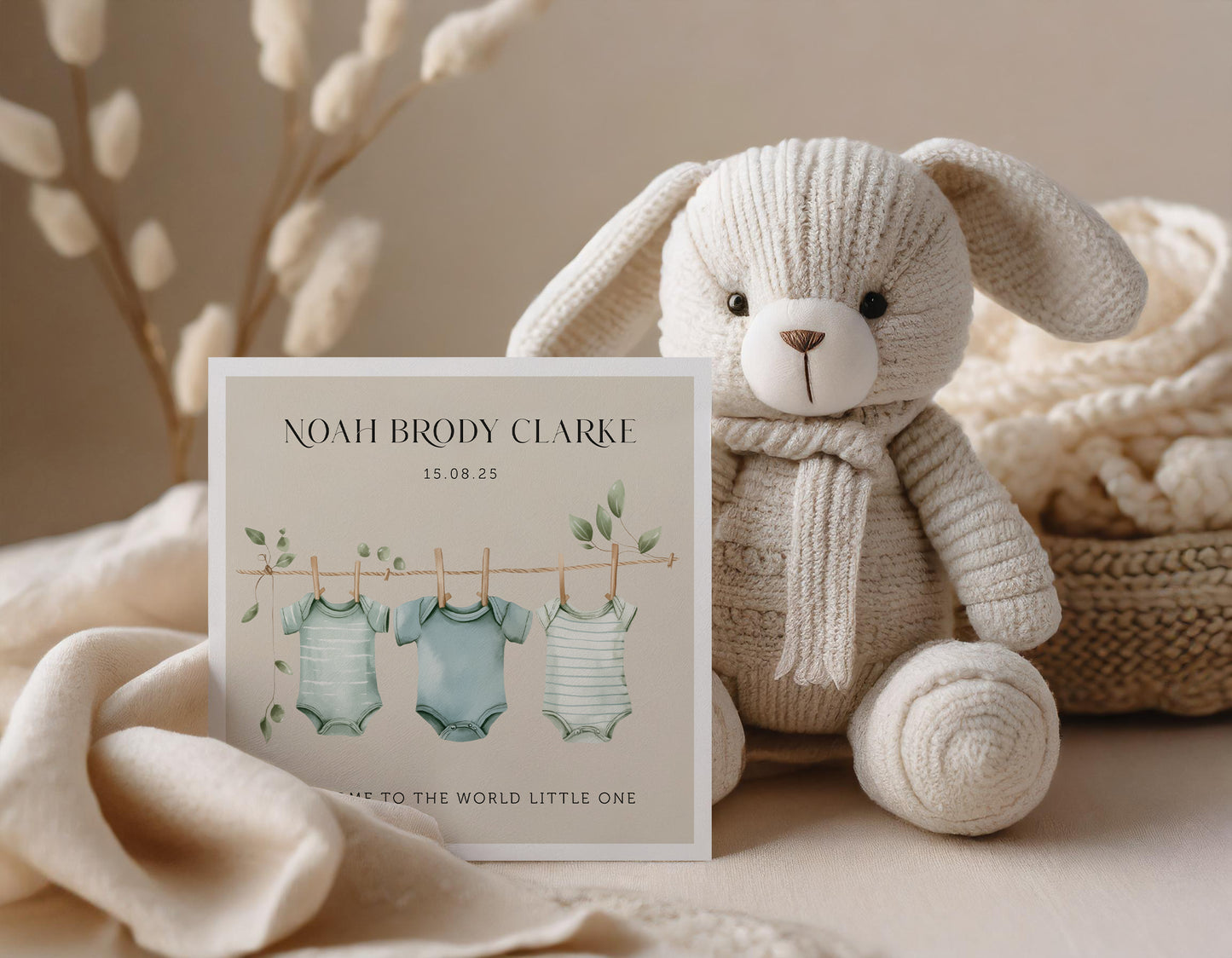 Personalised New Baby Boy Card: Clothes Line Birth Announcement