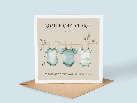 Personalised New Baby Boy Card: Clothes Line Birth Announcement