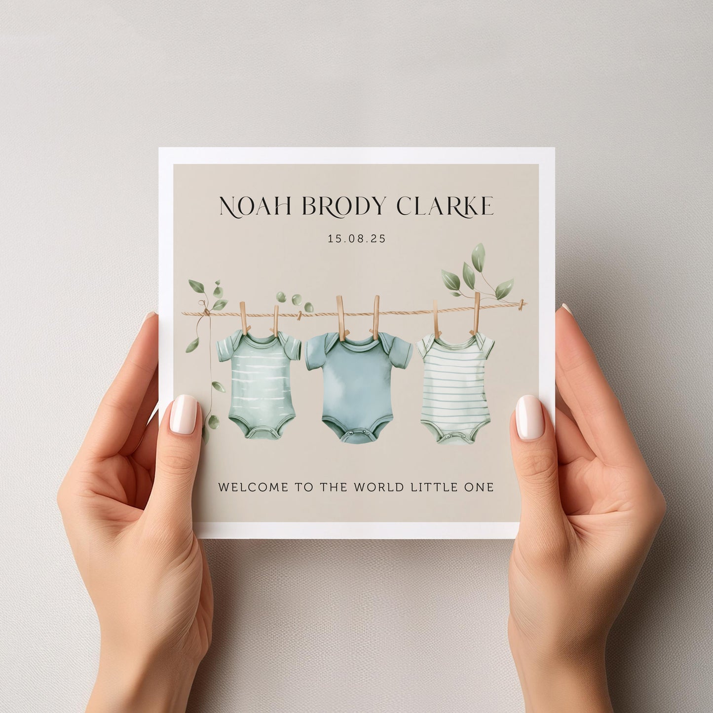 Personalised New Baby Boy Card: Clothes Line Birth Announcement