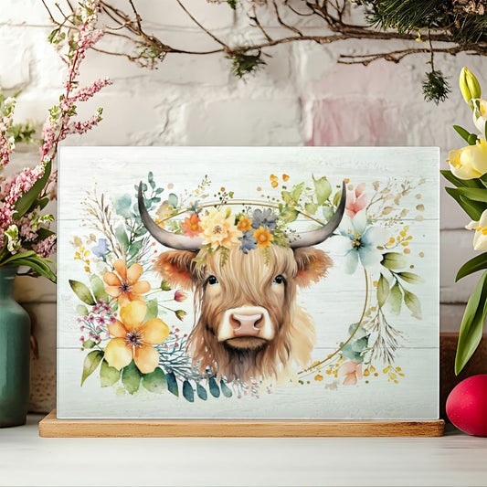 Floral Highland Cow Glass Chopping Board