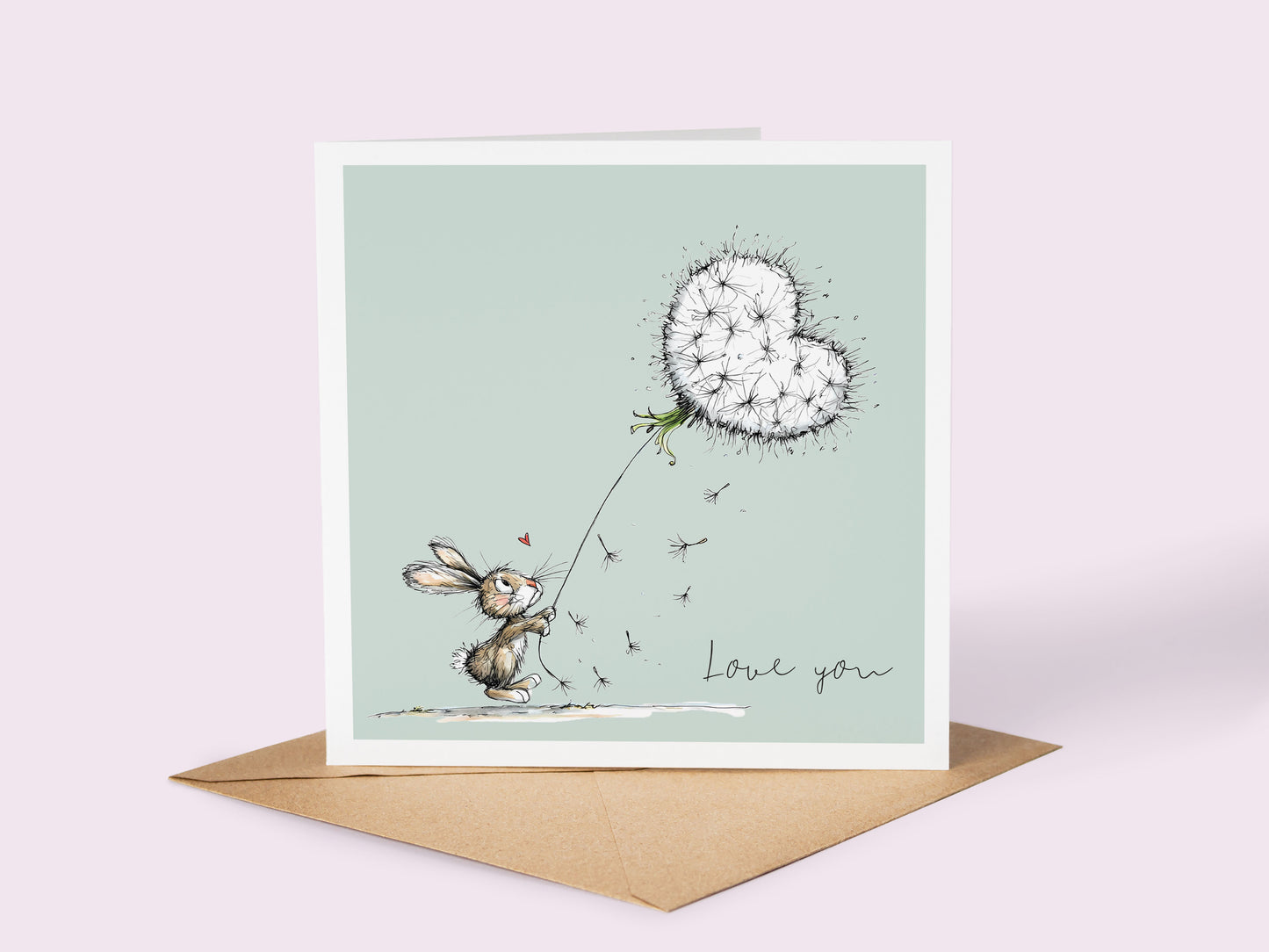 Valentine Card: Bunny with Dandelion Heart Balloon