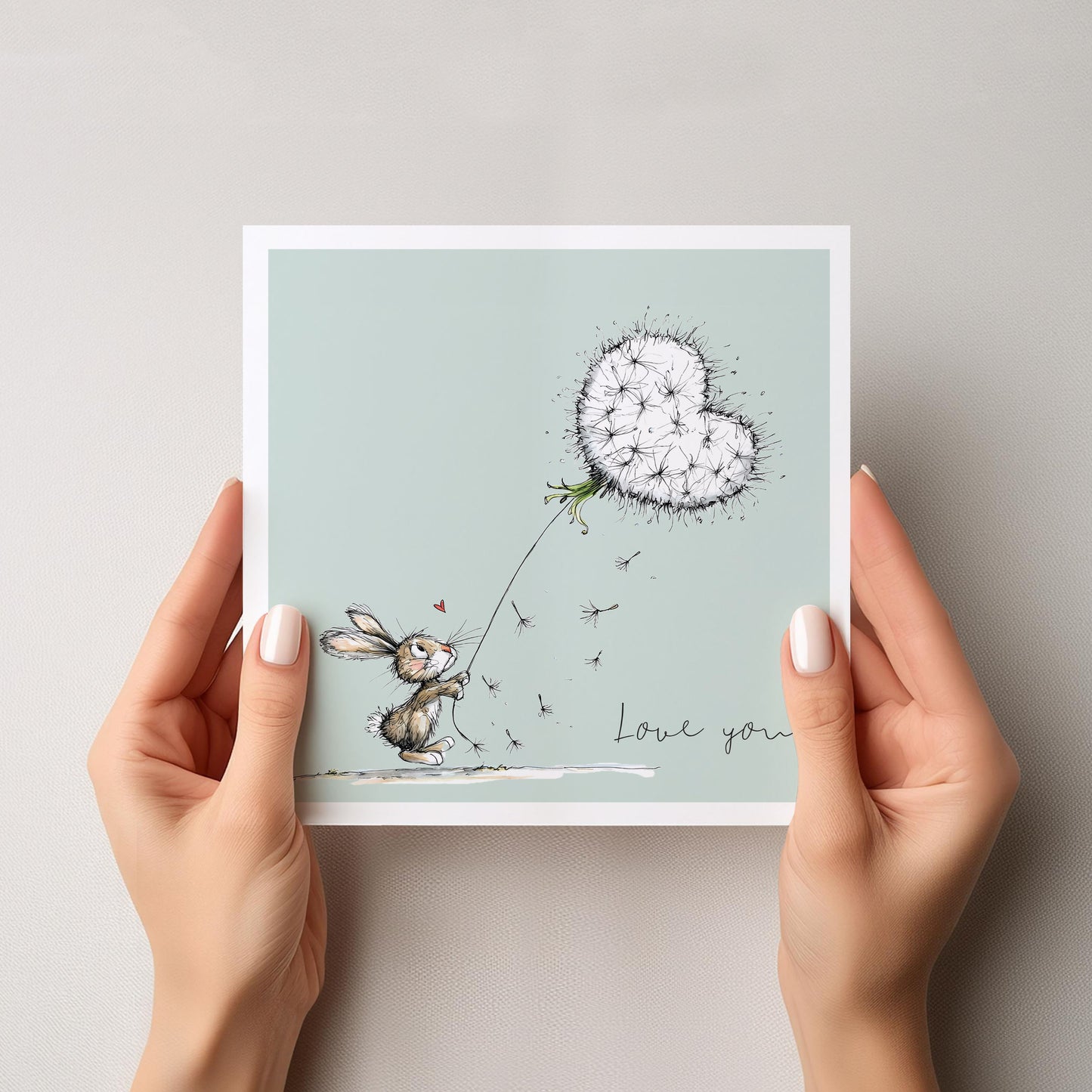 Valentine Card: Bunny with Dandelion Heart Balloon
