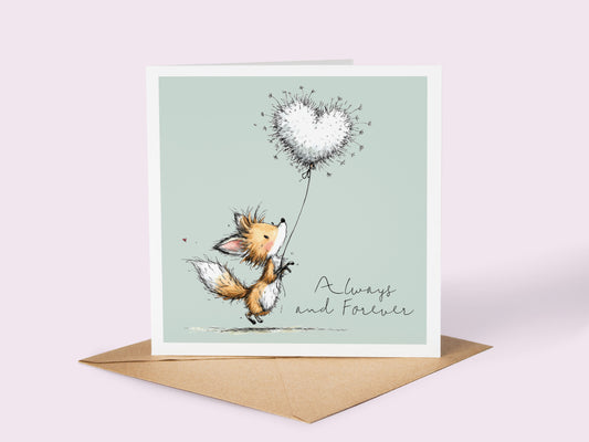 Valentine Card: Fox with Dandelion Heart Balloon