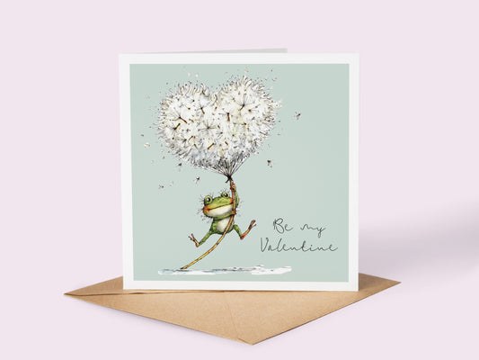 Valentine Card: Frog with Dandelion Heart Balloon
