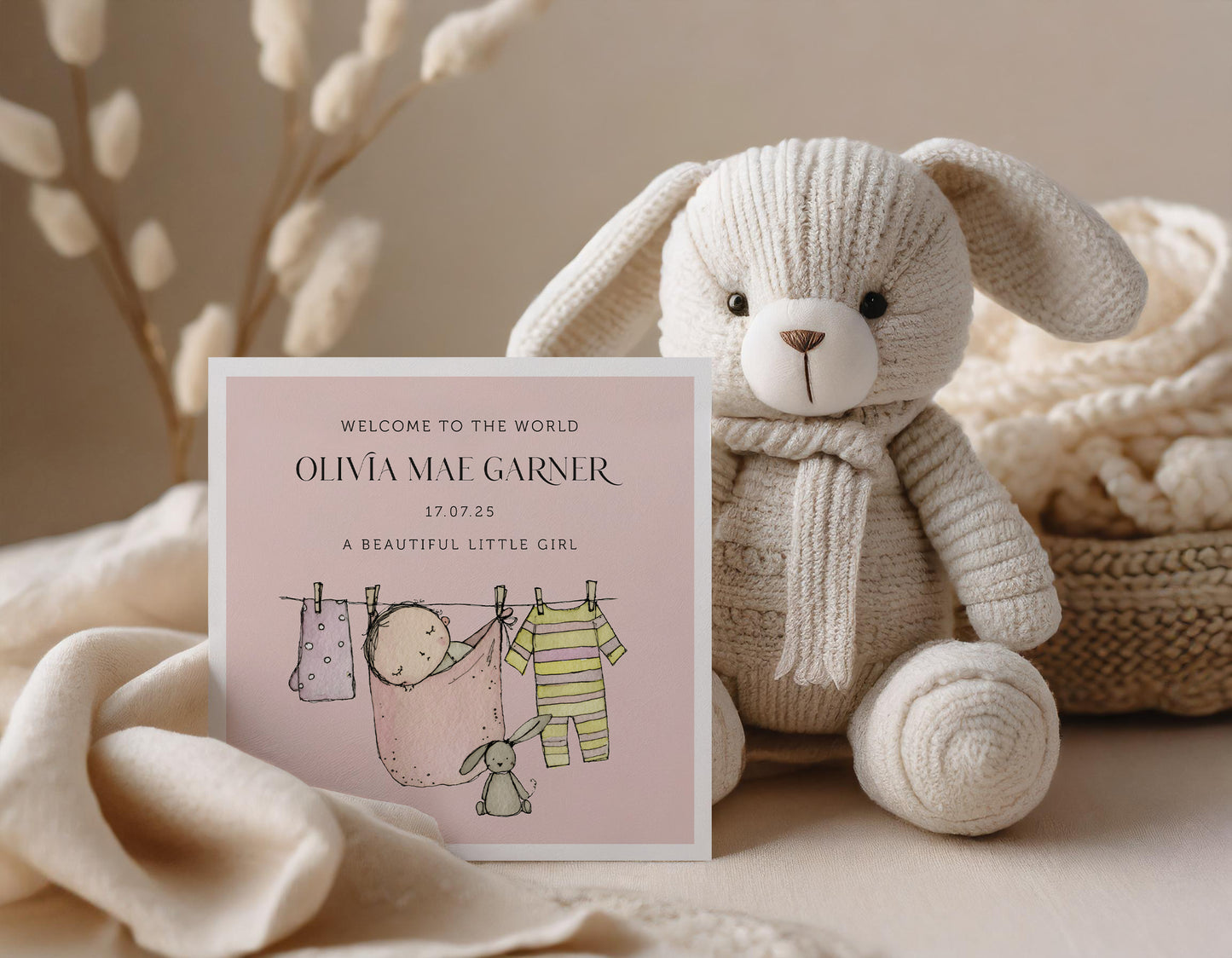 Personalised New Baby Girl Card: Washing Line, Baby Clothes
