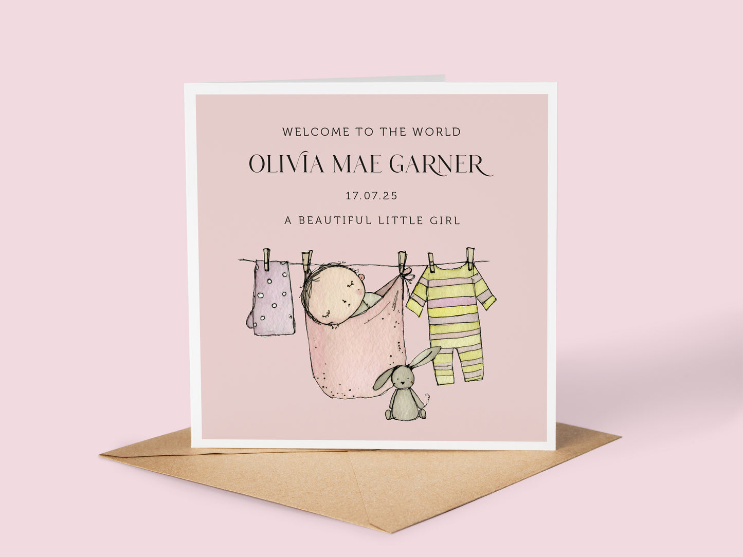 Personalised New Baby Girl Card: Washing Line, Baby Clothes