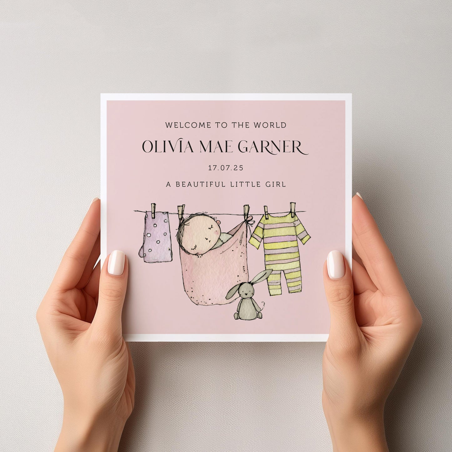 Personalised New Baby Girl Card: Washing Line, Baby Clothes
