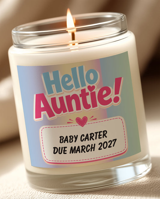 Hello Auntie Pregnancy Announcement - Personalised Candle Label