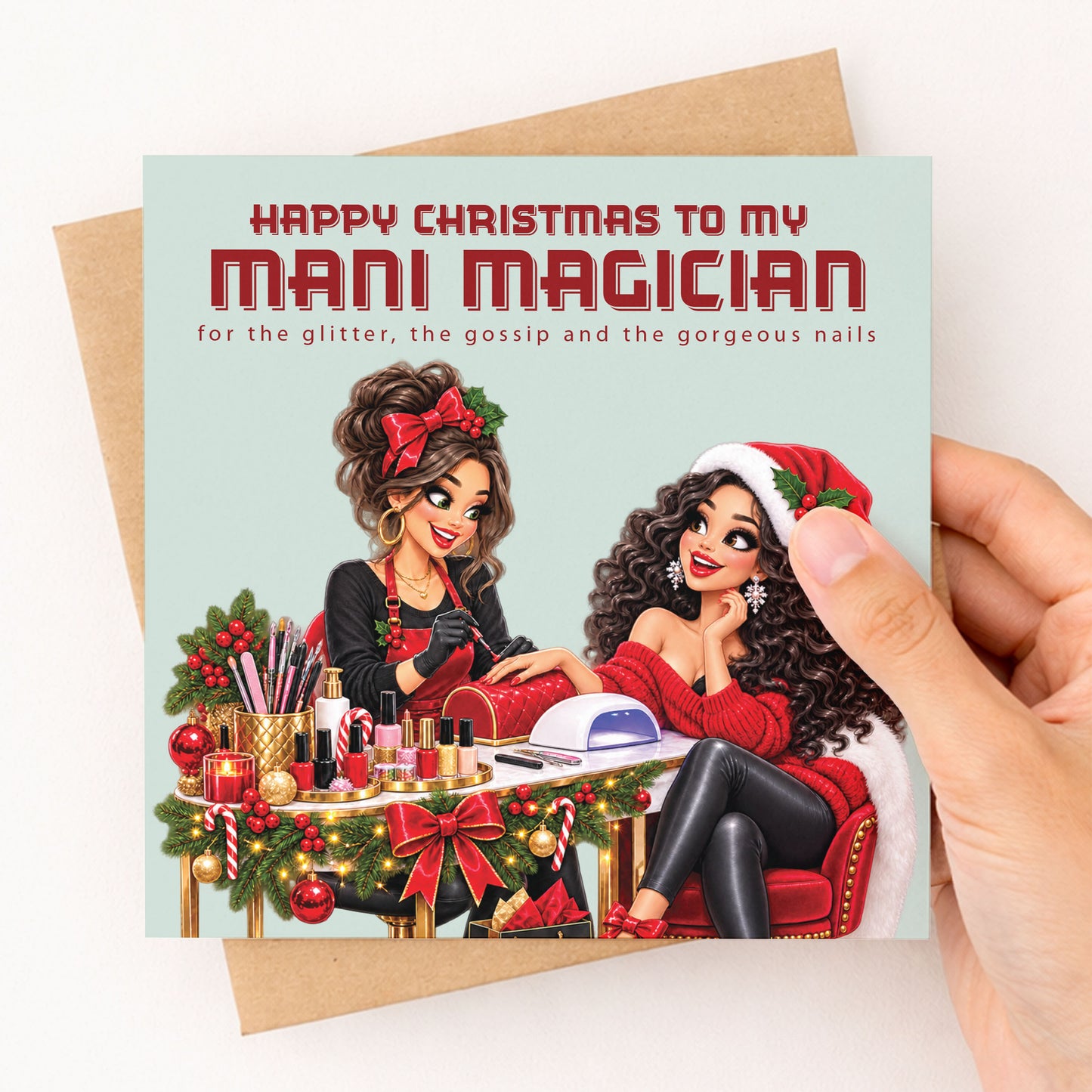 Nail Technician Christmas Card, 148 x 148mm, Blank Inside for Own Message, Funny Festive Thank You from Client