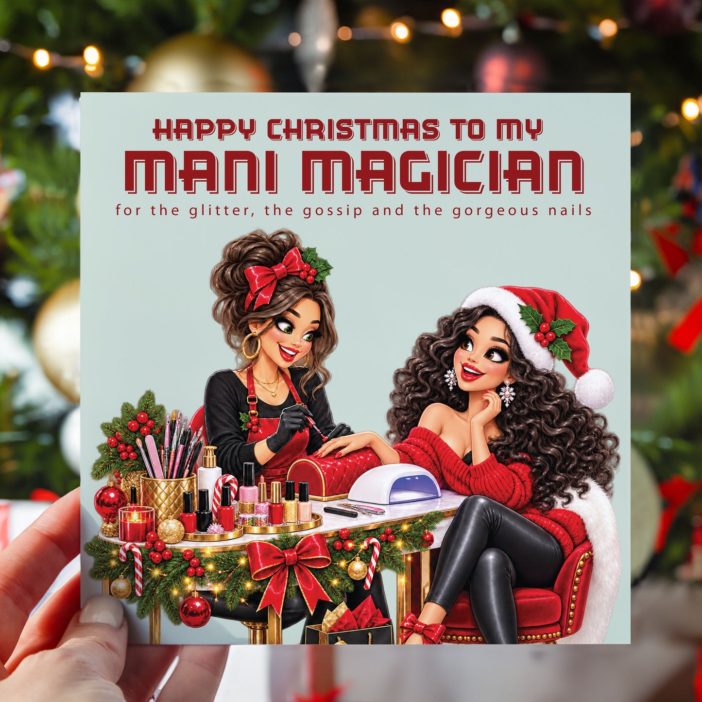 Nail Technician Christmas Card, 148 x 148mm, Blank Inside for Own Message, Funny Festive Thank You from Client