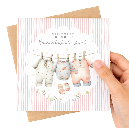 New Baby Girl Card: Washing Line Design, Keepsake, Welcome Baby
