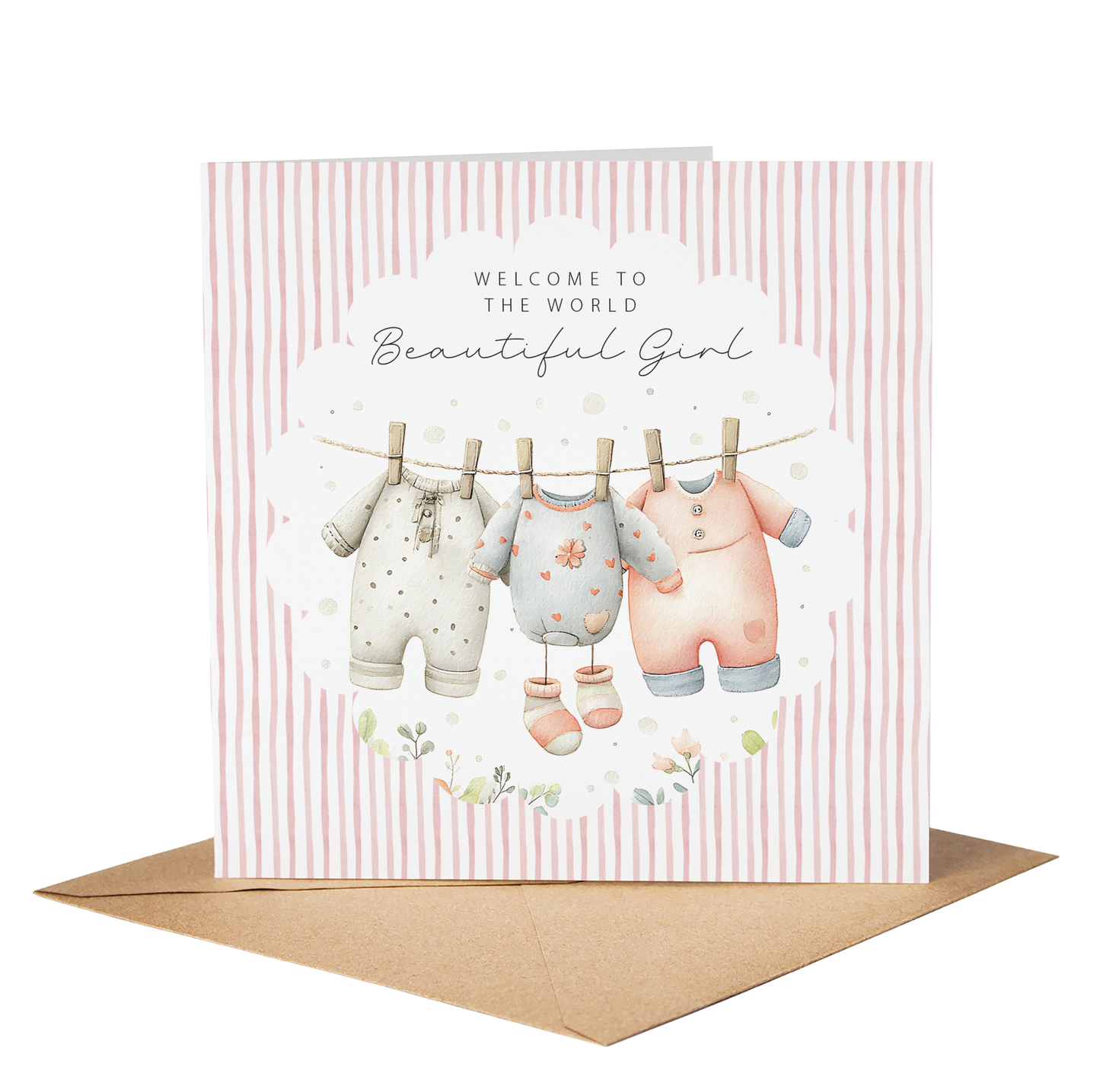 New Baby Girl Card: Washing Line Design, Keepsake, Welcome Baby