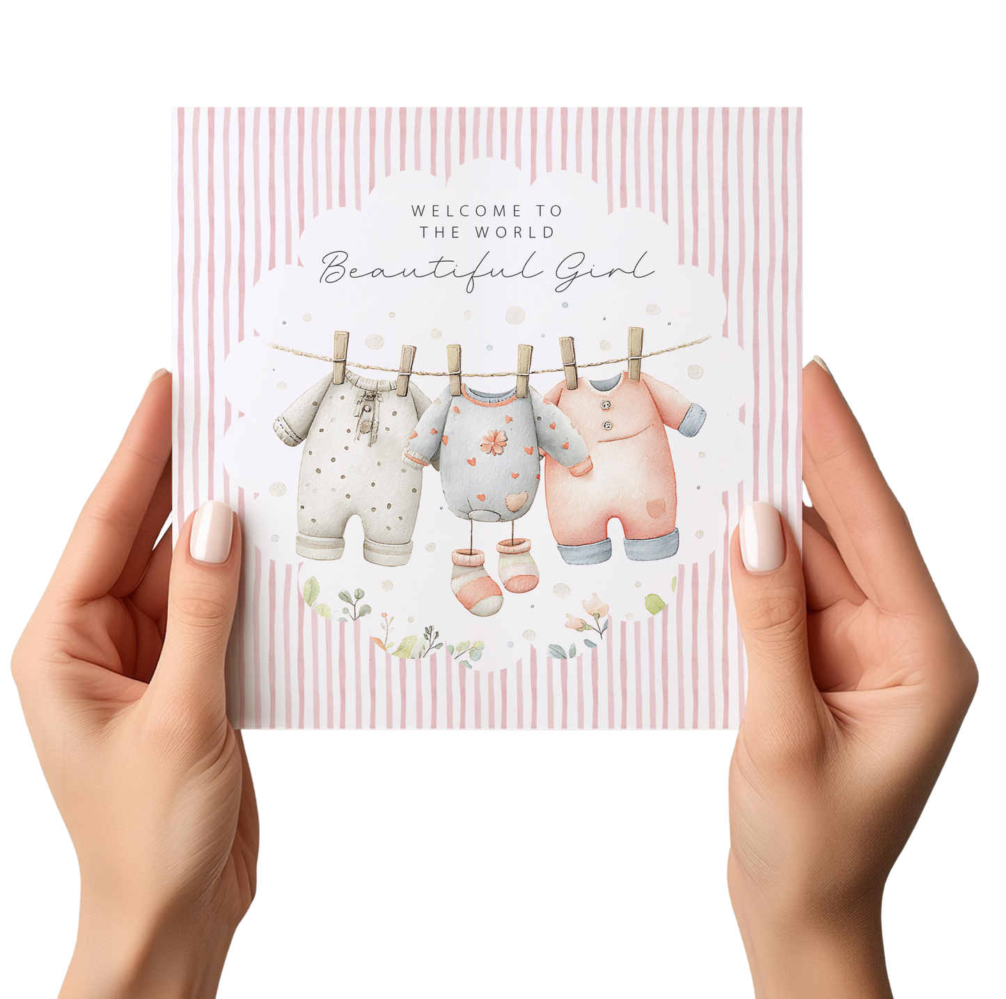 New Baby Girl Card: Washing Line Design, Keepsake, Welcome Baby