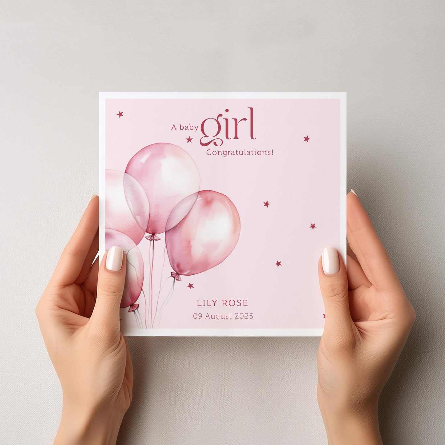 Personalised Baby Girl Birth Card: Pink Balloon Design