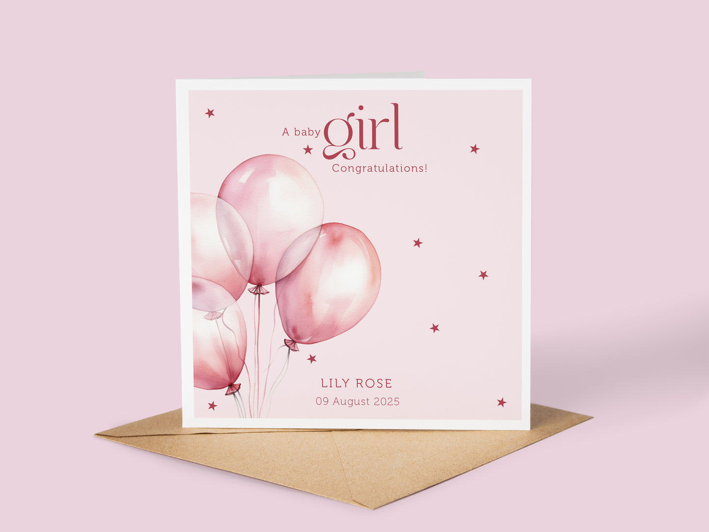 Personalised Baby Girl Birth Card: Pink Balloon Design