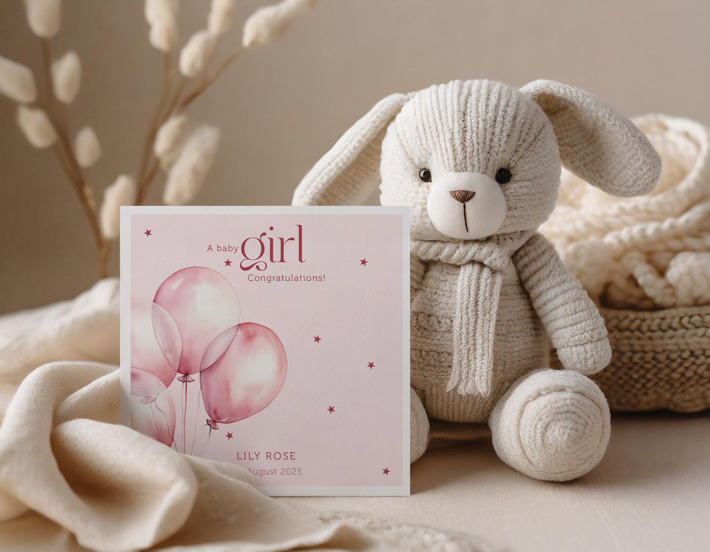 Personalised Baby Girl Birth Card: Pink Balloon Design