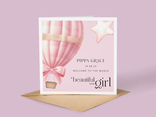 Personalised New Baby Card Pink Balloon and Stars