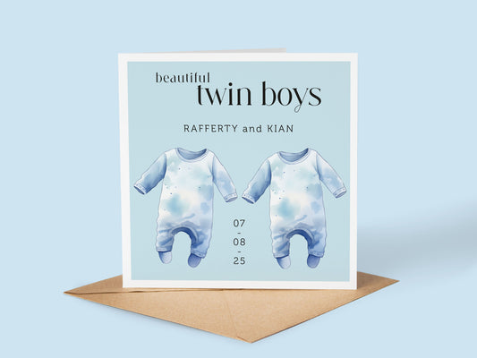 Personalised Twins Baby Boy Card: New Arrival Announcement, Welcome to the World