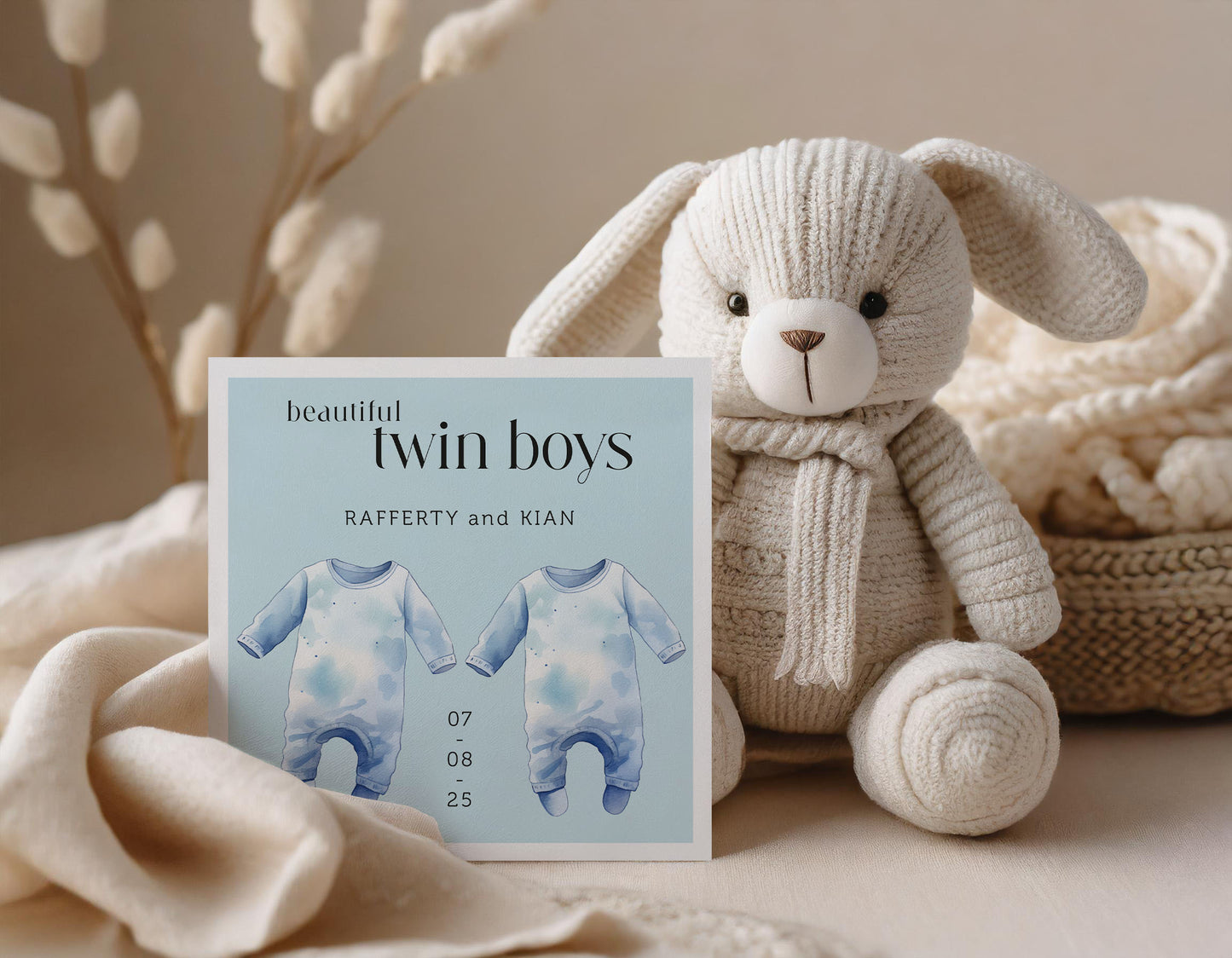 Personalised Twins Baby Boy Card: New Arrival Announcement, Welcome to the World