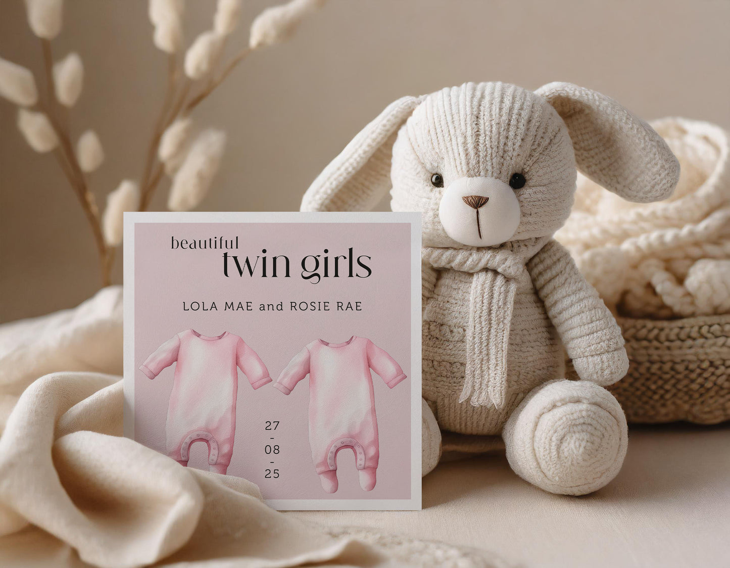 Personalised Twins Baby Girl Card: New Arrival Announcement, Welcome to the World