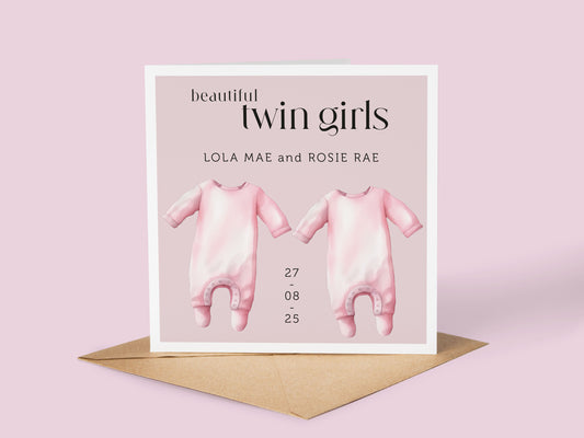 Personalised Twins Baby Girl Card: New Arrival Announcement, Welcome to the World