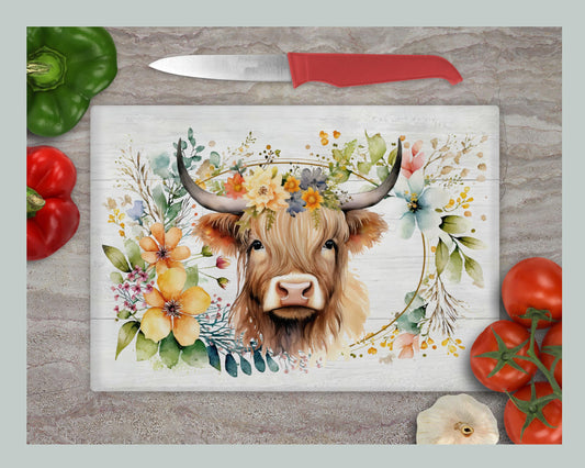 Floral Highland Cow Glass Chopping Board