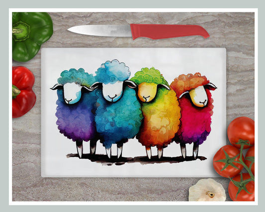 Quirky Rainbow Sheep Glass Chopping Board